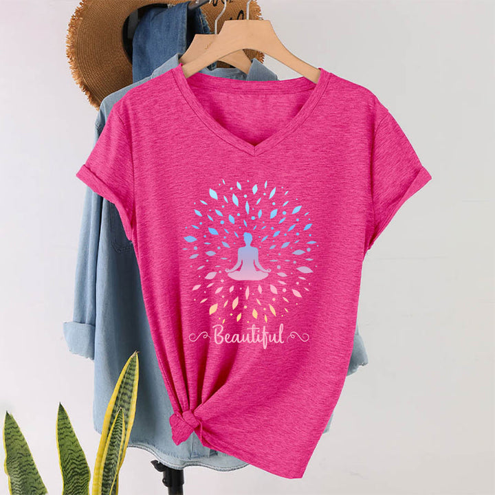 T-shirt à col en V pour femme Olivenorma, motif mandala de méditation à feuilles dégradées et belle calligraphie - Rose rouge - 2XL - image 34