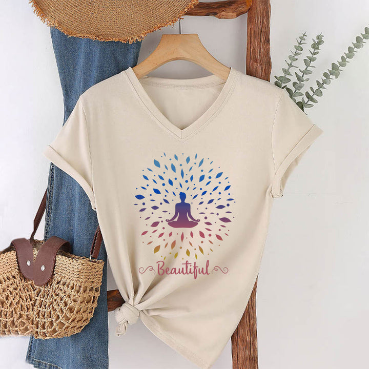 T-shirt à col en V pour femme Olivenorma, motif mandala de méditation à feuilles dégradées et belle calligraphie - Kaki - 2XL - image 10