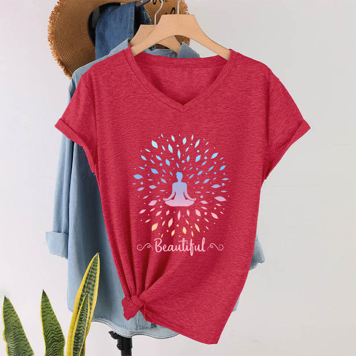 T-shirt à col en V pour femme Olivenorma, motif mandala de méditation à feuilles dégradées et belle calligraphie - Rouge - 2XL - image 28