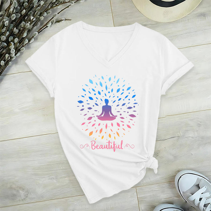 T-shirt à col en V pour femme Olivenorma, motif mandala de méditation à feuilles dégradées et belle calligraphie - image 21