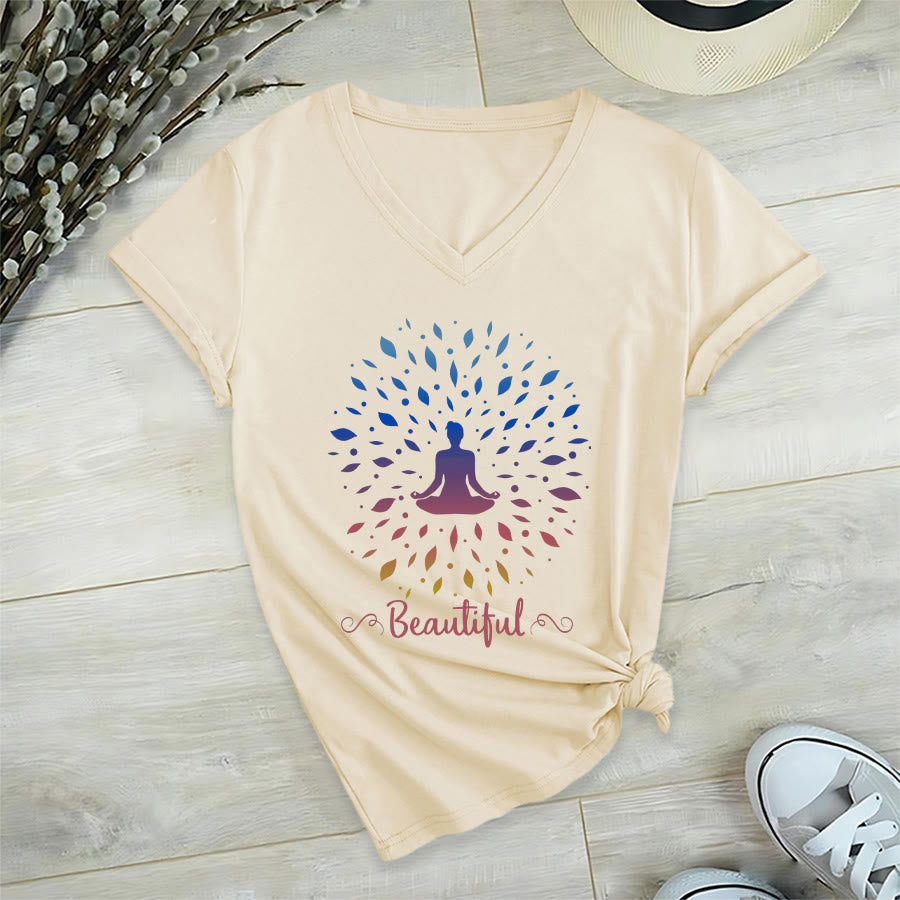 T-shirt à col en V pour femme Olivenorma, motif mandala de méditation à feuilles dégradées et belle calligraphie - image 9
