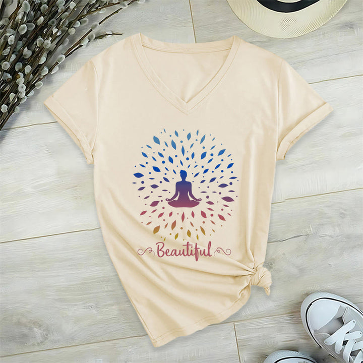 T-shirt à col en V pour femme Olivenorma, motif mandala de méditation à feuilles dégradées et belle calligraphie - image 9