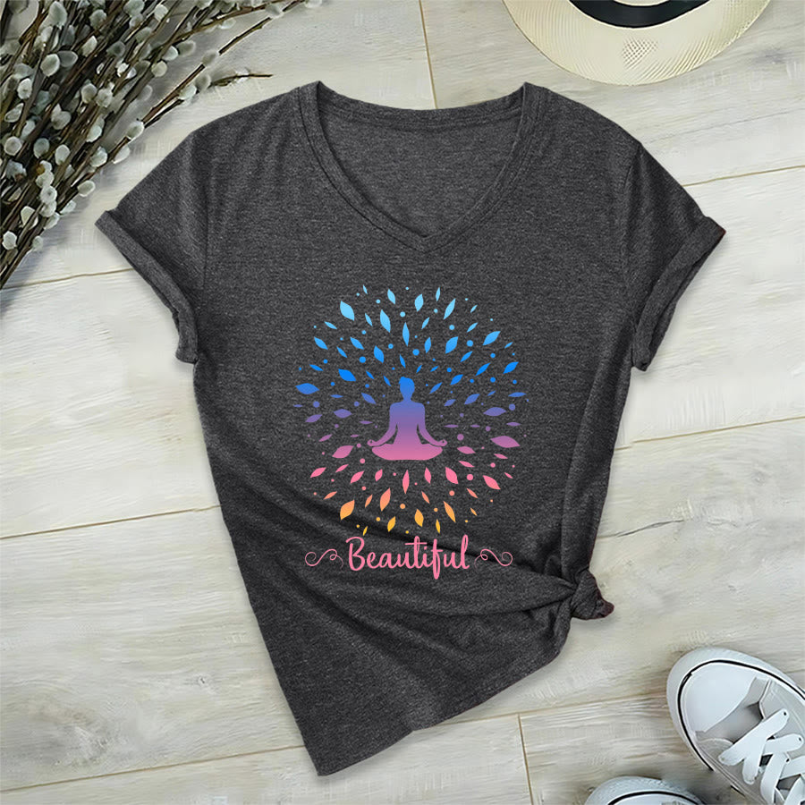 T-shirt à col en V pour femme Olivenorma, motif mandala de méditation à feuilles dégradées et belle calligraphie - image 18