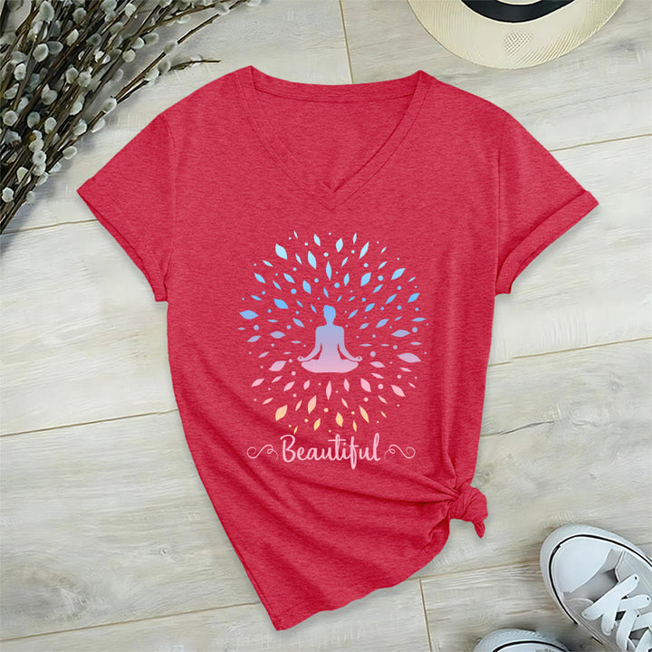 T-shirt à col en V pour femme Olivenorma, motif mandala de méditation à feuilles dégradées et belle calligraphie - image 27