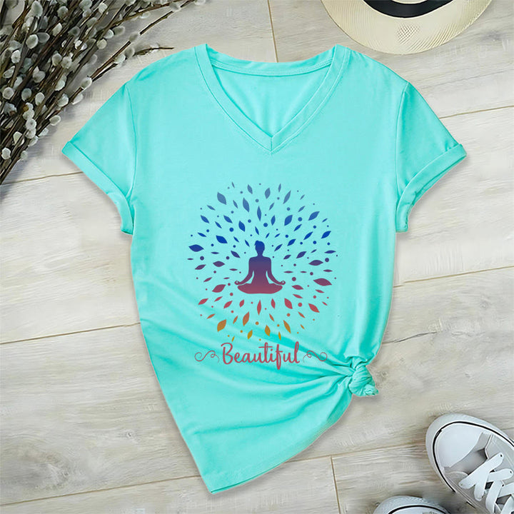 T-shirt à col en V pour femme Olivenorma, motif mandala de méditation à feuilles dégradées et belle calligraphie - image 15