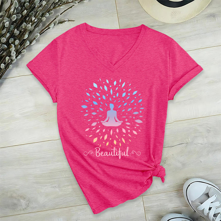 T-shirt à col en V pour femme Olivenorma, motif mandala de méditation à feuilles dégradées et belle calligraphie - image 33