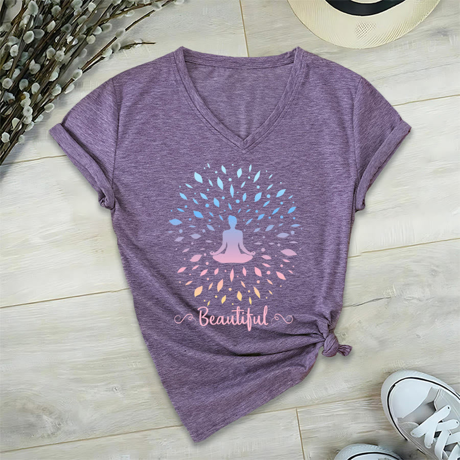 T-shirt à col en V pour femme Olivenorma, motif mandala de méditation à feuilles dégradées et belle calligraphie - image 36