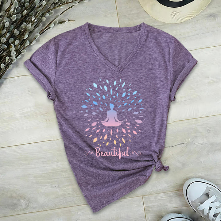 T-shirt à col en V pour femme Olivenorma, motif mandala de méditation à feuilles dégradées et belle calligraphie - image 36