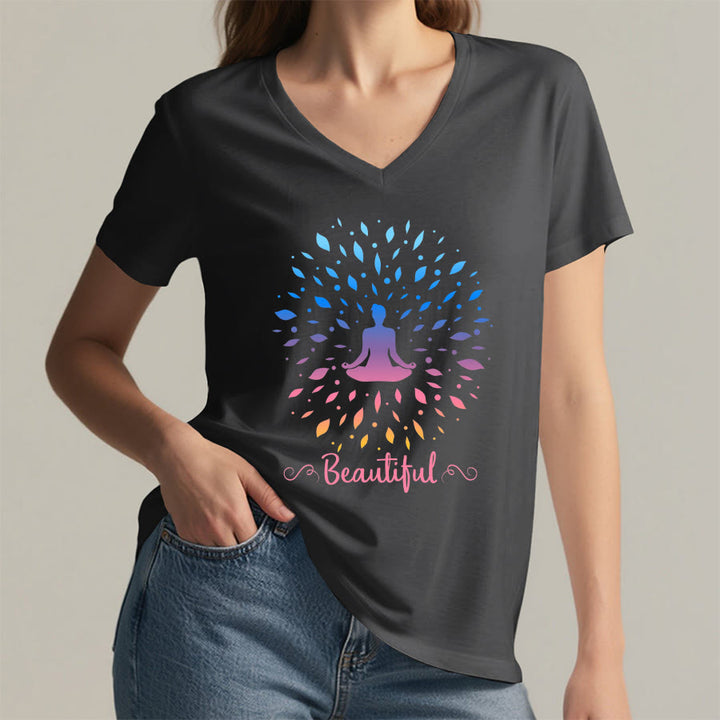 T-shirt à col en V pour femme Olivenorma, motif mandala de méditation à feuilles dégradées et belle calligraphie - image 20