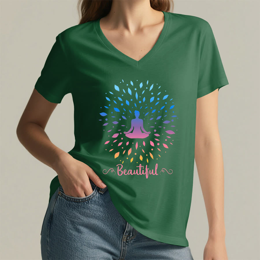 T-shirt à col en V pour femme Olivenorma, motif mandala de méditation à feuilles dégradées et belle calligraphie - image 5