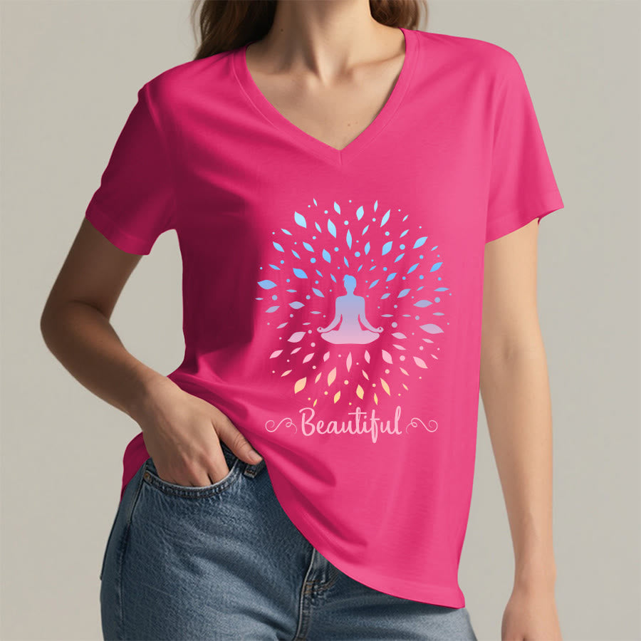 T-shirt à col en V pour femme Olivenorma, motif mandala de méditation à feuilles dégradées et belle calligraphie - image 35