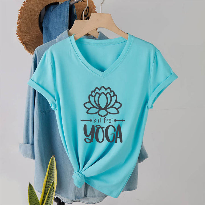 T-shirt Olivenorma But First Yoga à col en V pour femme, motif lotus et contour simple - Lac Bleu - 2XL - image 16