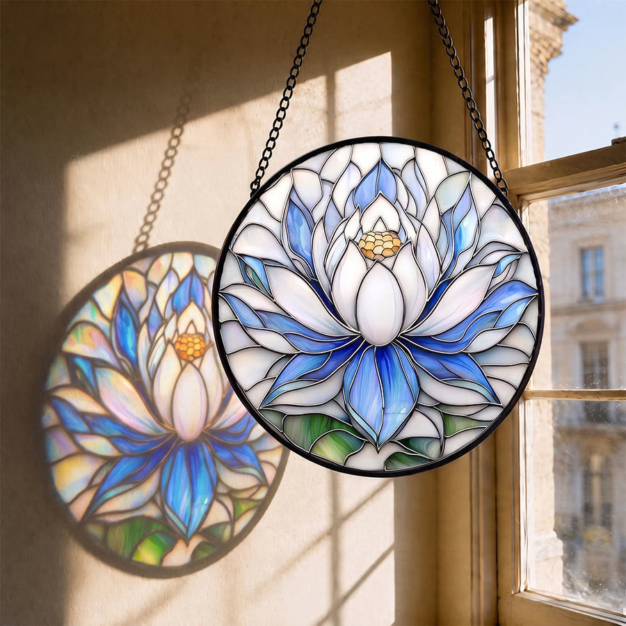 Olivenorma Attrape-soleil rond en mosaïque de lotus bleu et blanc 2D - 30 cm x 30 cm - image 0