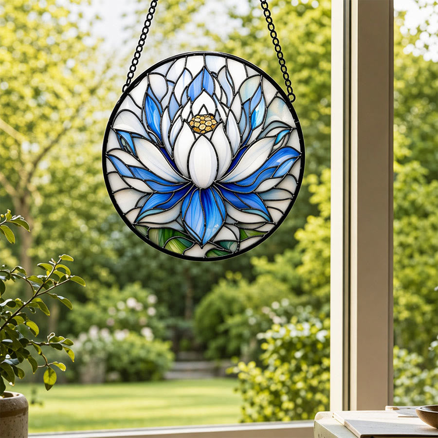 Olivenorma Attrape-soleil rond en mosaïque de lotus bleu et blanc 2D - image 1