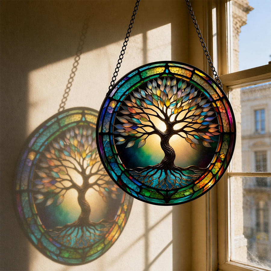 Attrape-soleil en vitrail Olivenorma 2D rond à bordure dégradée, motif Arbre de Vie - 30 cm x 30 cm - image 0