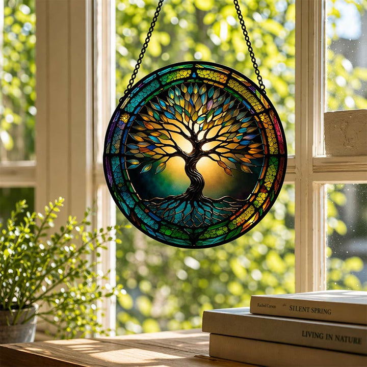 Attrape-soleil en vitrail Olivenorma 2D rond à bordure dégradée, motif Arbre de Vie - image 1