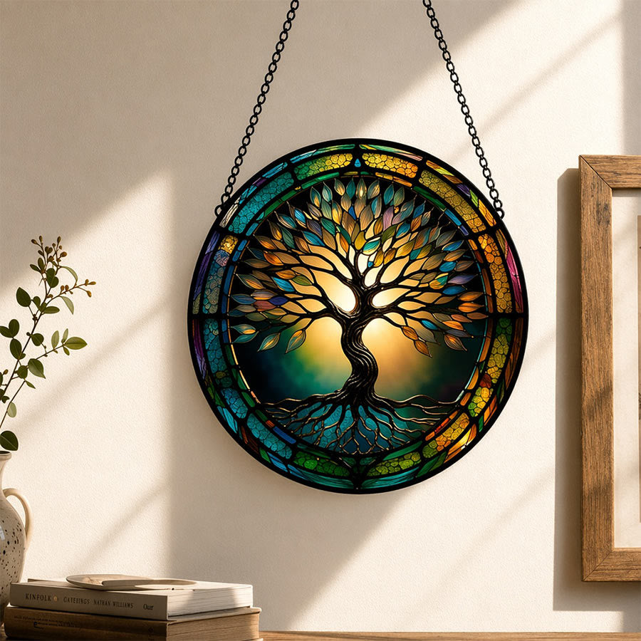 Attrape-soleil en vitrail Olivenorma 2D rond à bordure dégradée, motif Arbre de Vie - image 5