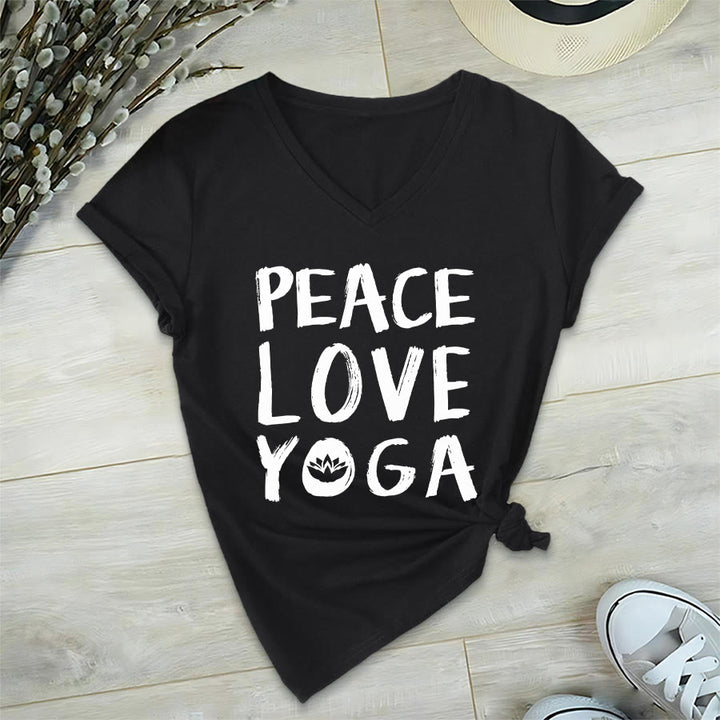 T-shirt à col en V pour femme Olivenorma Peace Love Lotus Yoga Text Graphic - Noir - 2XL - image 0