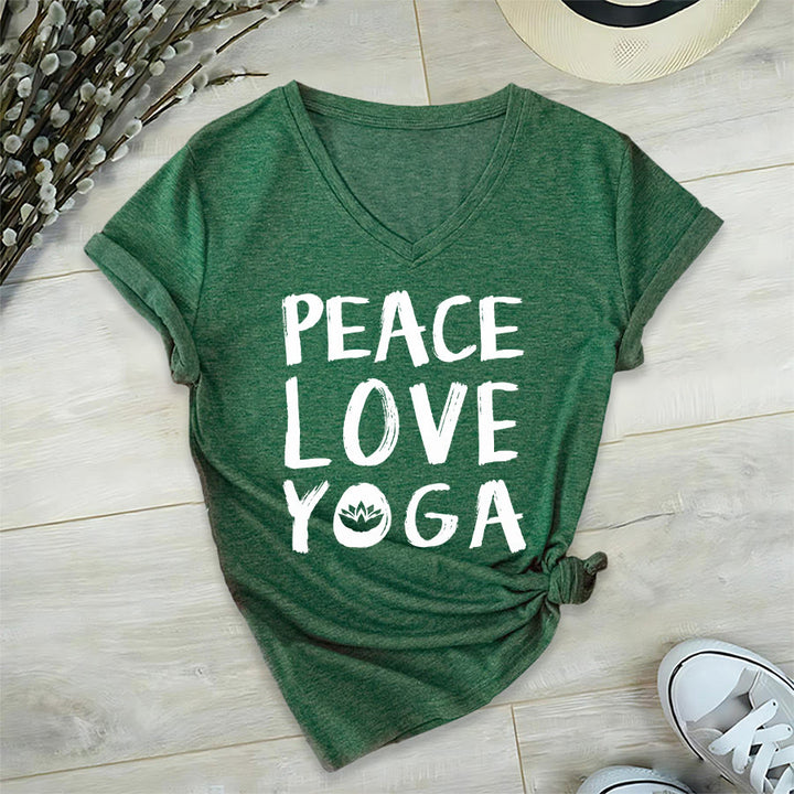 T-shirt à col en V pour femme Olivenorma Peace Love Lotus Yoga Text Graphic - Vert foncé - 2XL - image 6