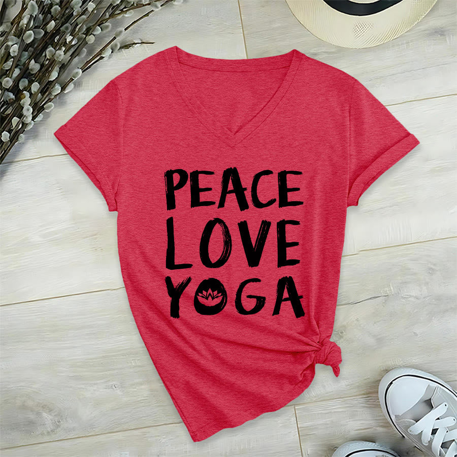 T-shirt à col en V pour femme Olivenorma Peace Love Lotus Yoga Text Graphic - Rouge - 2XL - image 30