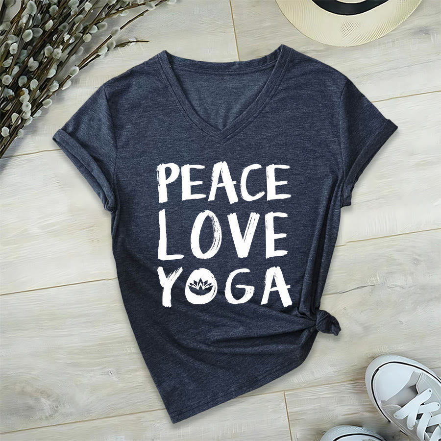 T-shirt à col en V pour femme Olivenorma Peace Love Lotus Yoga Text Graphic - Bleu marine - 2XL - image 27