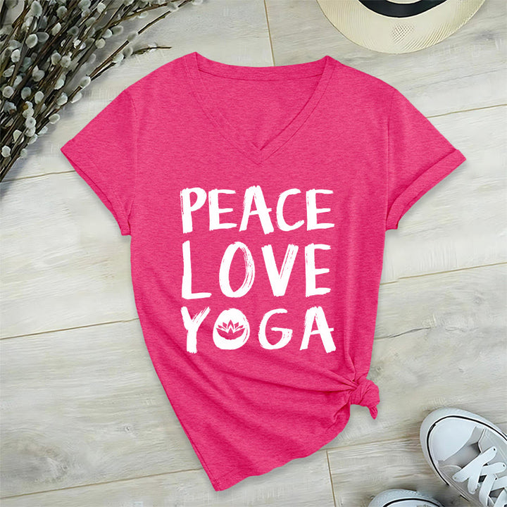 T-shirt à col en V pour femme Olivenorma Peace Love Lotus Yoga Text Graphic - Rose rouge - 2XL - image 3