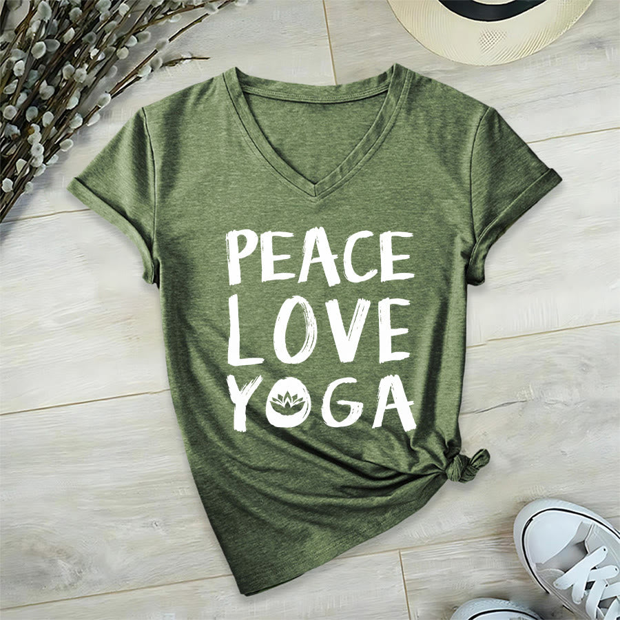 T-shirt à col en V pour femme Olivenorma Peace Love Lotus Yoga Text Graphic - Vert olive - 2XL - image 9
