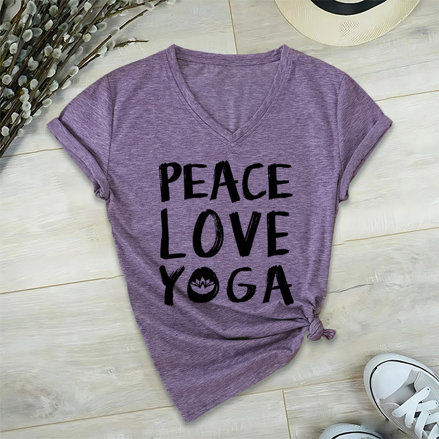 T-shirt à col en V pour femme Olivenorma Peace Love Lotus Yoga Text Graphic - Violet - 2XL - image 36