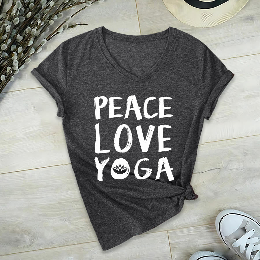 T-shirt à col en V pour femme Olivenorma Peace Love Lotus Yoga Text Graphic - Gris - 2XL - image 21