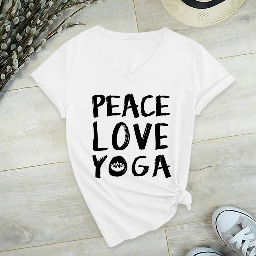 T-shirt à col en V pour femme Olivenorma Peace Love Lotus Yoga Text Graphic - Blanc - 2XL - image 24