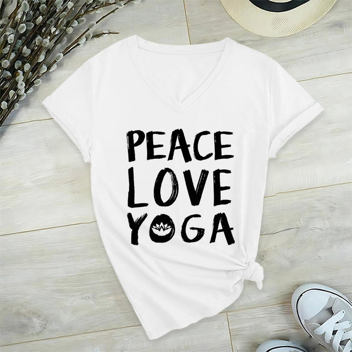 T-shirt à col en V pour femme Olivenorma Peace Love Lotus Yoga Text Graphic - Blanc - 2XL - image 24