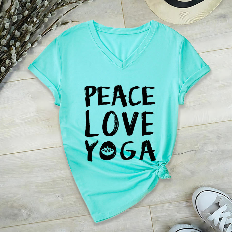 T-shirt à col en V pour femme Olivenorma Peace Love Lotus Yoga Text Graphic - Lac Bleu - 2XL - image 18
