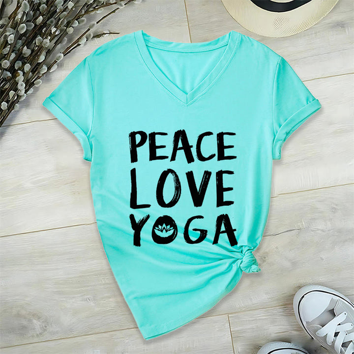 T-shirt à col en V pour femme Olivenorma Peace Love Lotus Yoga Text Graphic - Lac Bleu - 2XL - image 18
