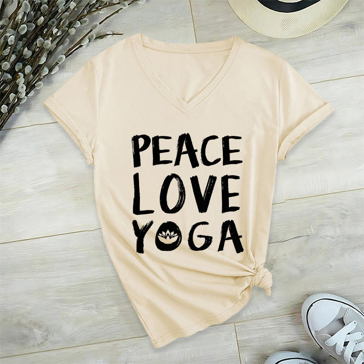 T-shirt à col en V pour femme Olivenorma Peace Love Lotus Yoga Text Graphic - Kaki - 2XL - image 12