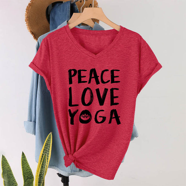 T-shirt à col en V pour femme Olivenorma Peace Love Lotus Yoga Text Graphic - image 31