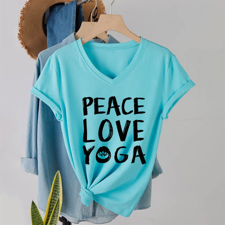 T-shirt à col en V pour femme Olivenorma Peace Love Lotus Yoga Text Graphic - image 19