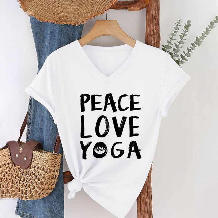 T-shirt à col en V pour femme Olivenorma Peace Love Lotus Yoga Text Graphic - image 25