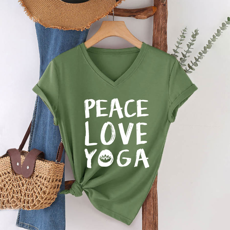 T-shirt à col en V pour femme Olivenorma Peace Love Lotus Yoga Text Graphic - image 10