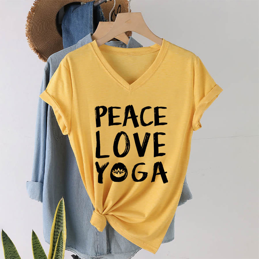 T-shirt à col en V pour femme Olivenorma Peace Love Lotus Yoga Text Graphic - image 34
