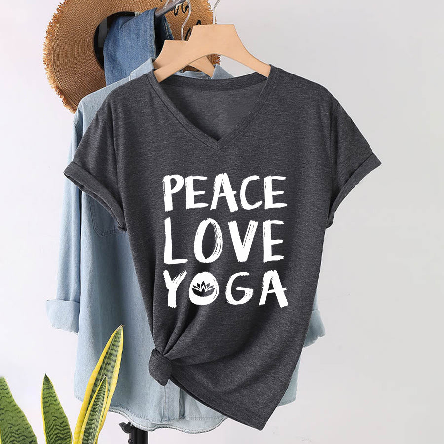 T-shirt à col en V pour femme Olivenorma Peace Love Lotus Yoga Text Graphic - image 22