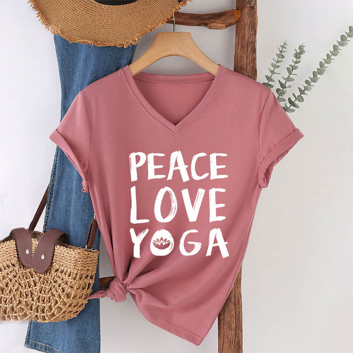 T-shirt à col en V pour femme Olivenorma Peace Love Lotus Yoga Text Graphic - image 16