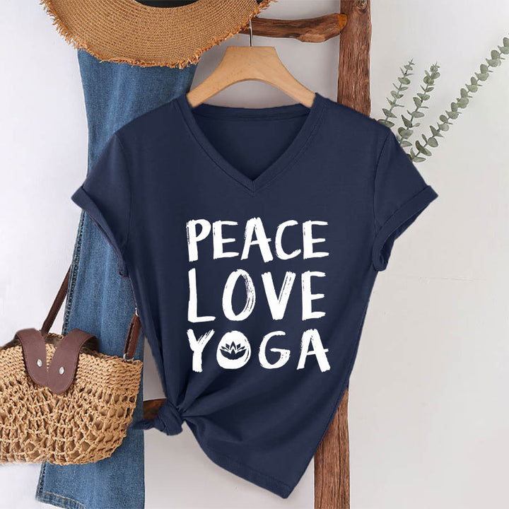T-shirt à col en V pour femme Olivenorma Peace Love Lotus Yoga Text Graphic - image 28