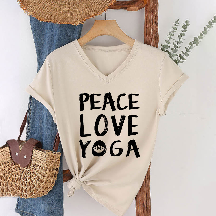 T-shirt à col en V pour femme Olivenorma Peace Love Lotus Yoga Text Graphic - image 13
