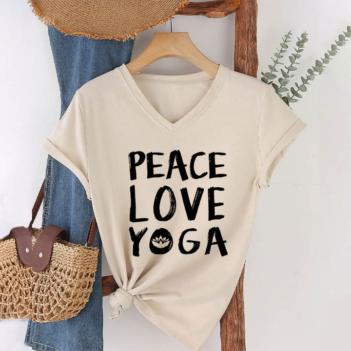 T-shirt à col en V pour femme Olivenorma Peace Love Lotus Yoga Text Graphic - image 13