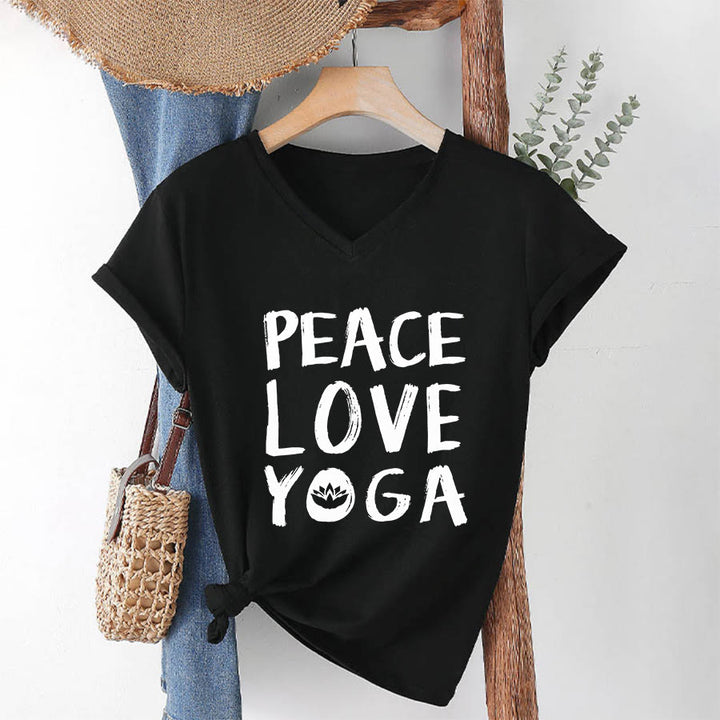 T-shirt à col en V pour femme Olivenorma Peace Love Lotus Yoga Text Graphic - image 1