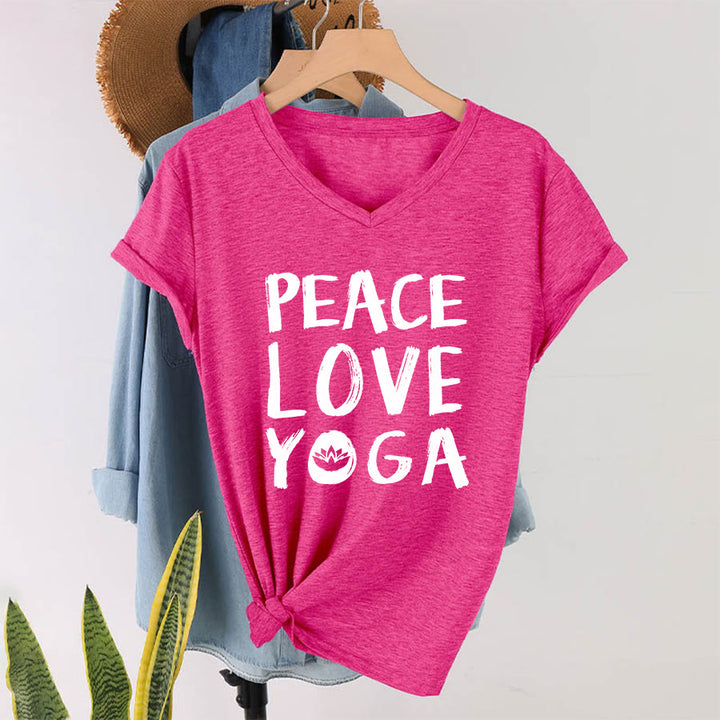 T-shirt à col en V pour femme Olivenorma Peace Love Lotus Yoga Text Graphic - image 4