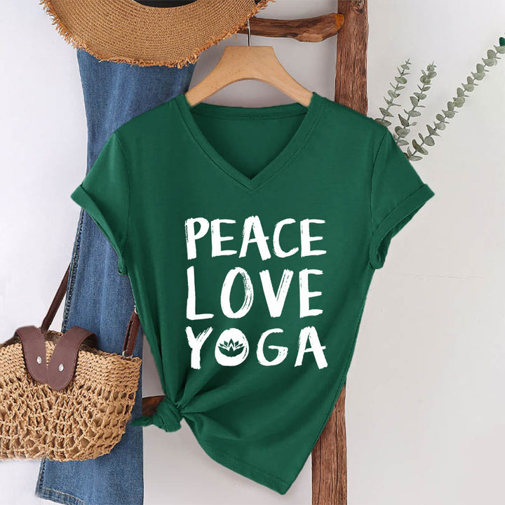 T-shirt à col en V pour femme Olivenorma Peace Love Lotus Yoga Text Graphic - image 7