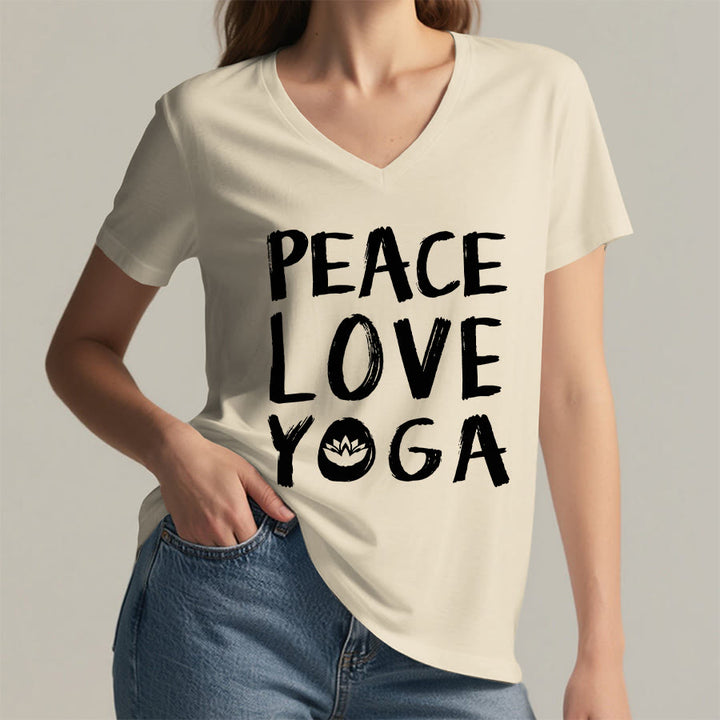 T-shirt à col en V pour femme Olivenorma Peace Love Lotus Yoga Text Graphic - image 14