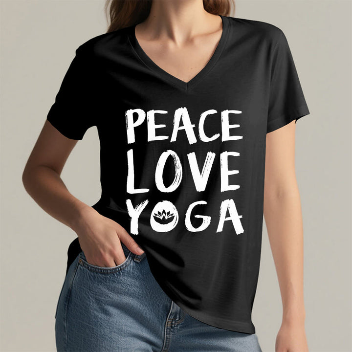 T-shirt à col en V pour femme Olivenorma Peace Love Lotus Yoga Text Graphic - image 2