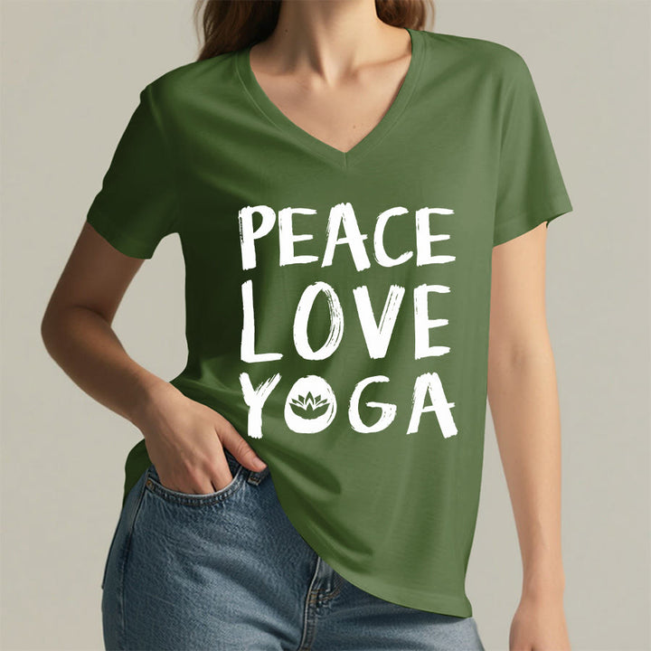 T-shirt à col en V pour femme Olivenorma Peace Love Lotus Yoga Text Graphic - image 11
